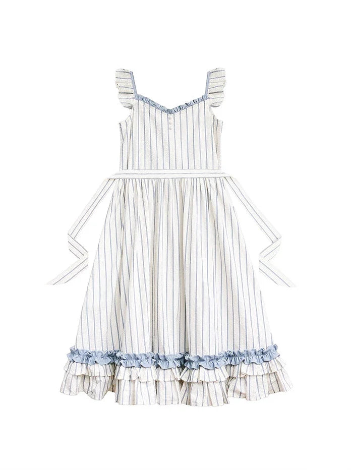 Shirt Handmade + Dress Puff Sheer Ruffled Sleeve Shoulder Corsage Inner Fairy Lace + Striped