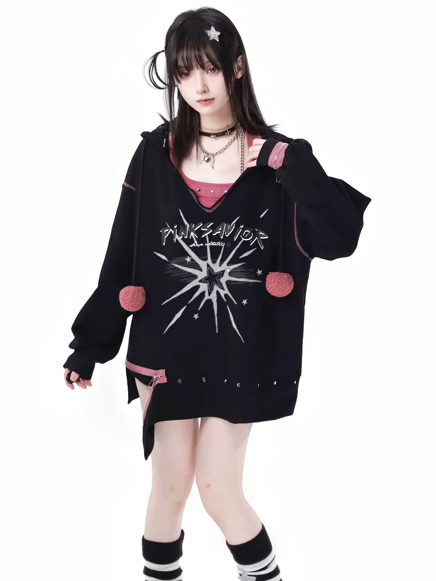 Fur Ball Zip Slit V-Neck Hoodie + Halter Neck Cami Top