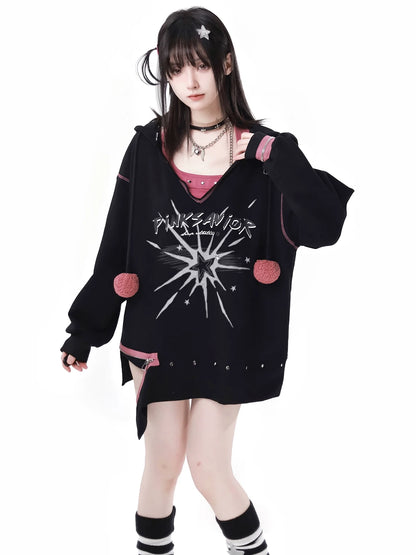 Fur Ball Zip Slit V-Neck Hoodie + Halter Neck Cami Top