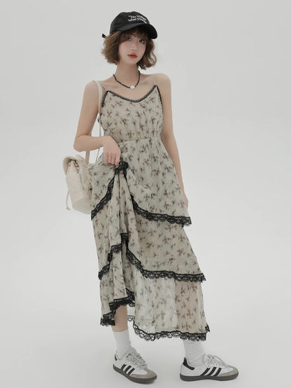ドレス プリント サスペンダー ティアード フローラル レース