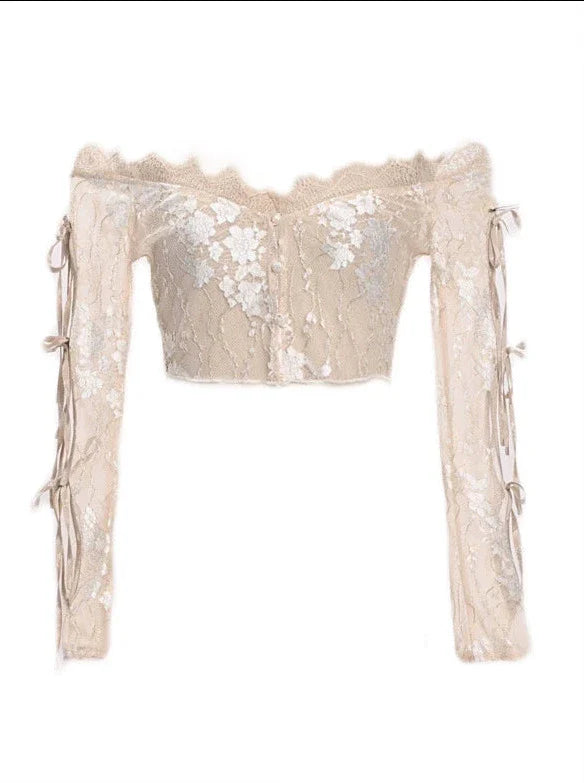 コートストラップレースバレエカーディガントップスクロシェスリーブインナーオフショルダー