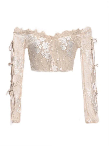 コートストラップレースバレエカーディガントップスクロシェスリーブインナーオフショルダー