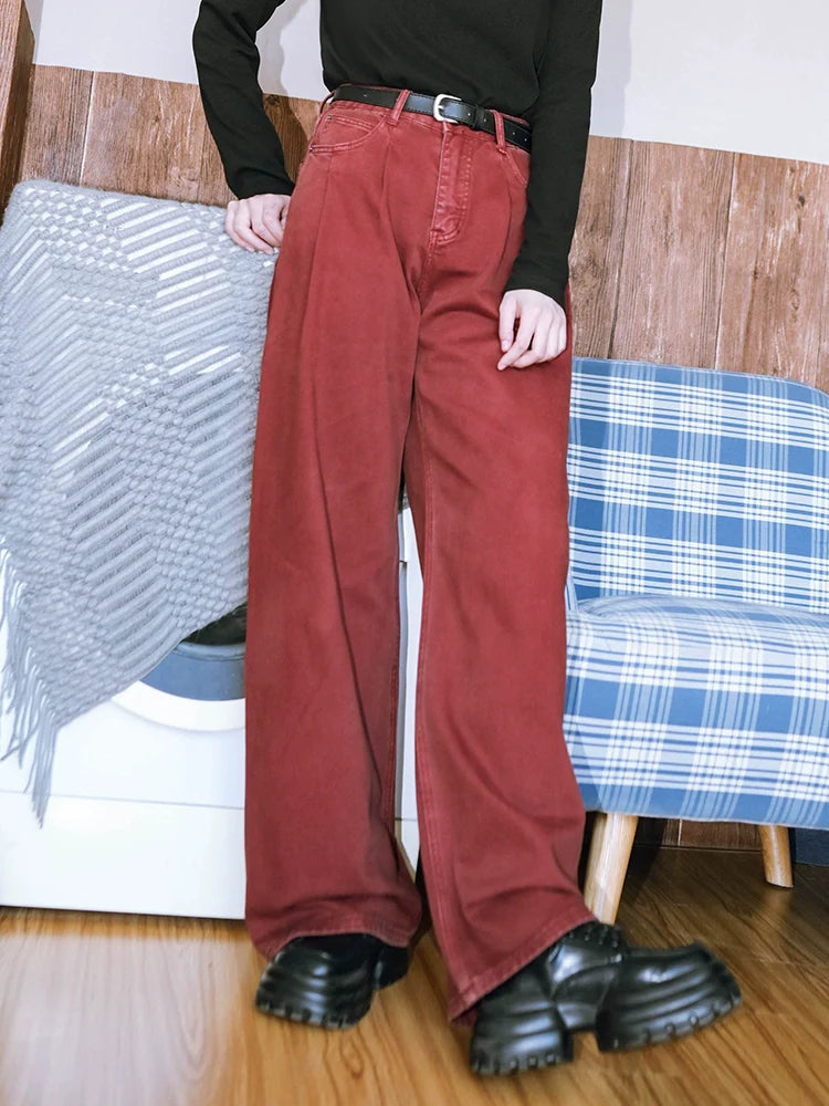 Red Denim Wide Straight