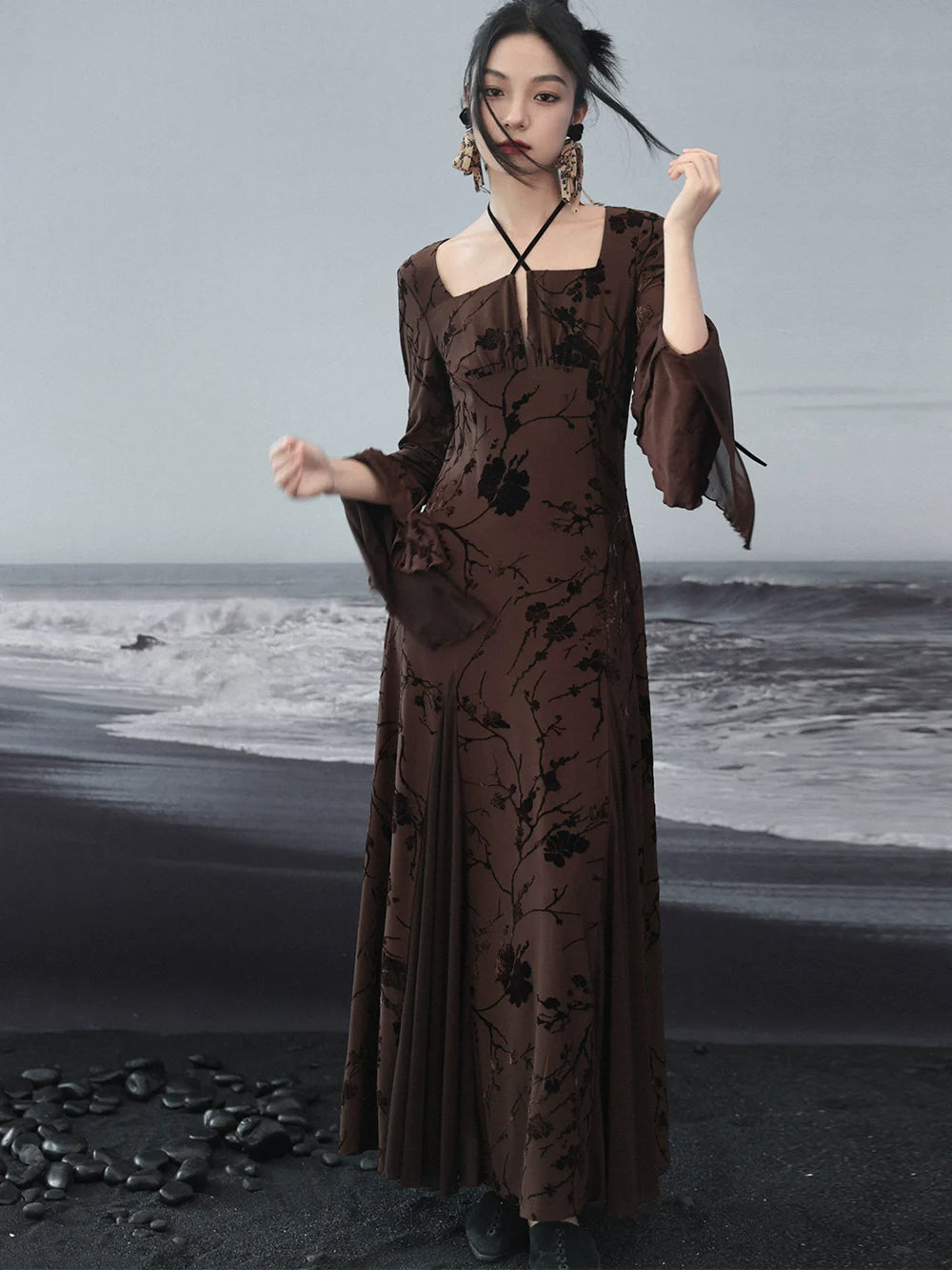 Dress Halter Neck Retro Jacquard Flower