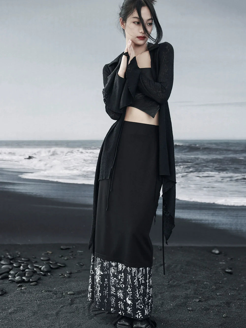 シフォンウエストスプライスロングプリントスリットスカートロー