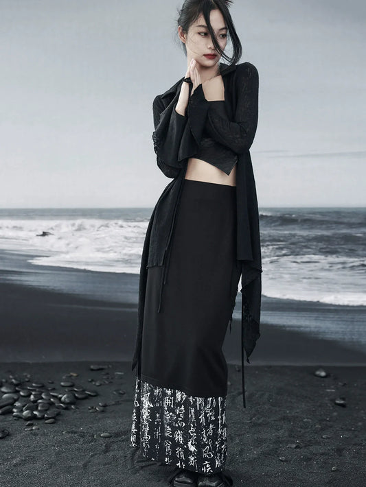 Chiffon Taille Spleißen Lang Bedruckter Schlitzrock Niedrig