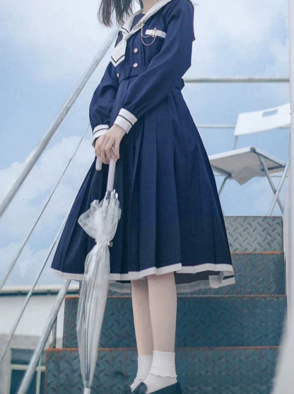 Pleated Style Dress Sailor Collar College