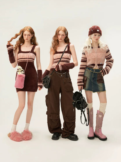 Gestreiftes Cardigan-Oberteil aus doppeltem Wollreißverschluss