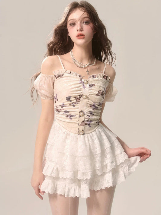 Suspender Off-the-shoulder Cake Velvet Ballet Butterfly Lace Style French Top + White Skirt