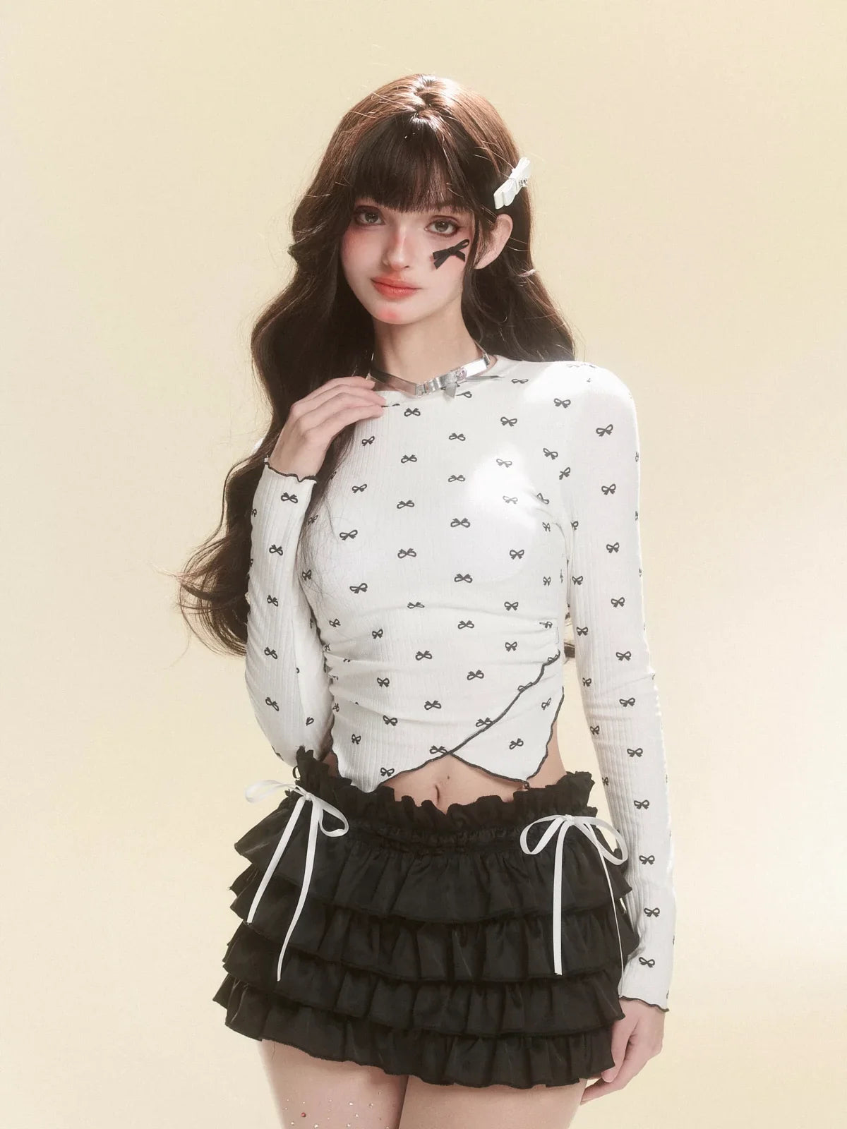 レースアップリボンスリムバッグトップ