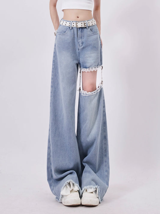 Wide Denim Open-cut Pants Square