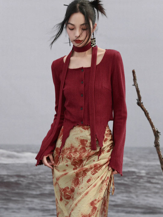 Scarf Flared Retro Sleeve + Red Asymmetrical Top