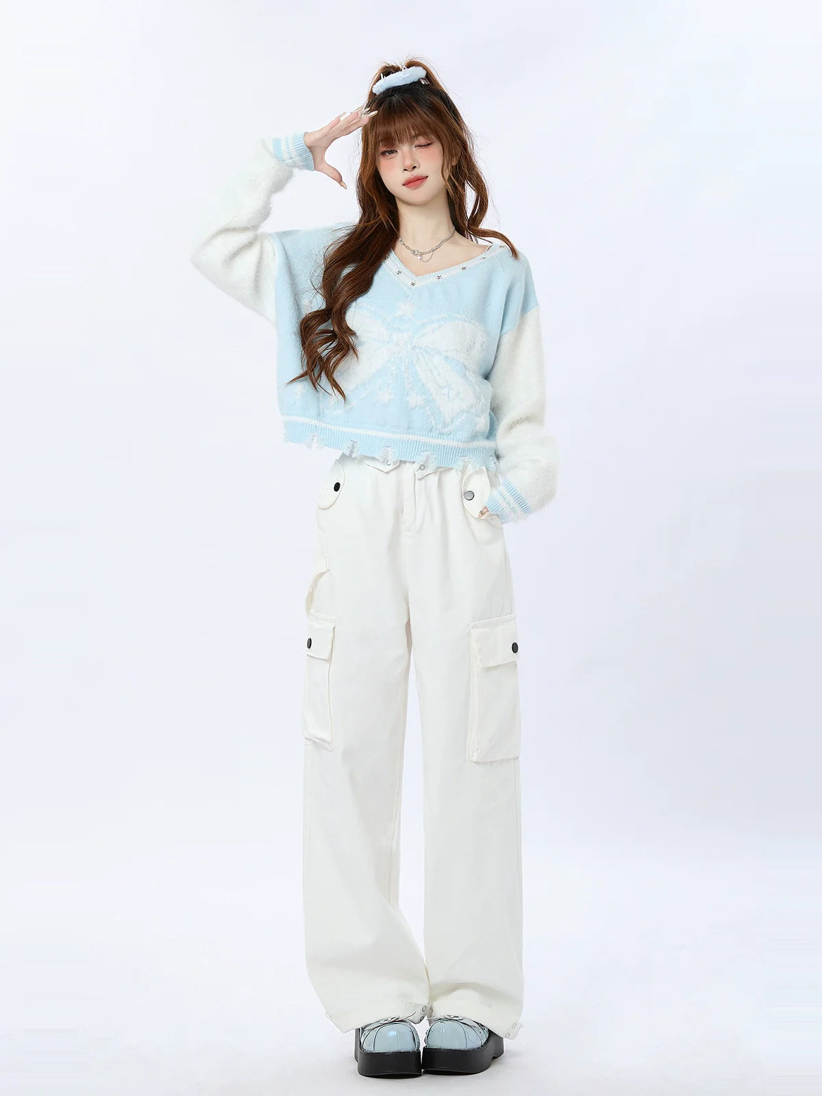 ショートリボンVネックアメリカンカラーブロックニットスター