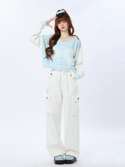 ショートリボンVネックアメリカンカラーブロックニットスター