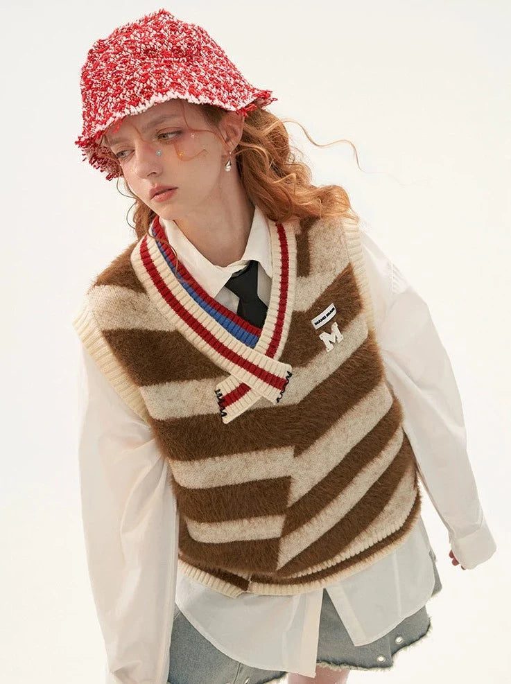 ニットフリース Vネック ストライプ アシンメトリーベスト ファー