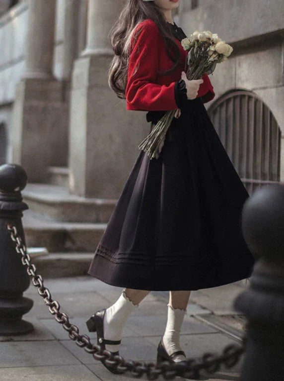 Jacket Red Black Tie Short Suit Elegant Dress Lantern Ruffle Retro + Sleeve Ribbon