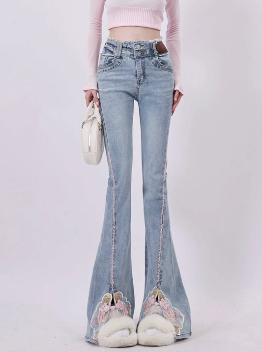 Waist Design Flared Double Denim Slit Pants