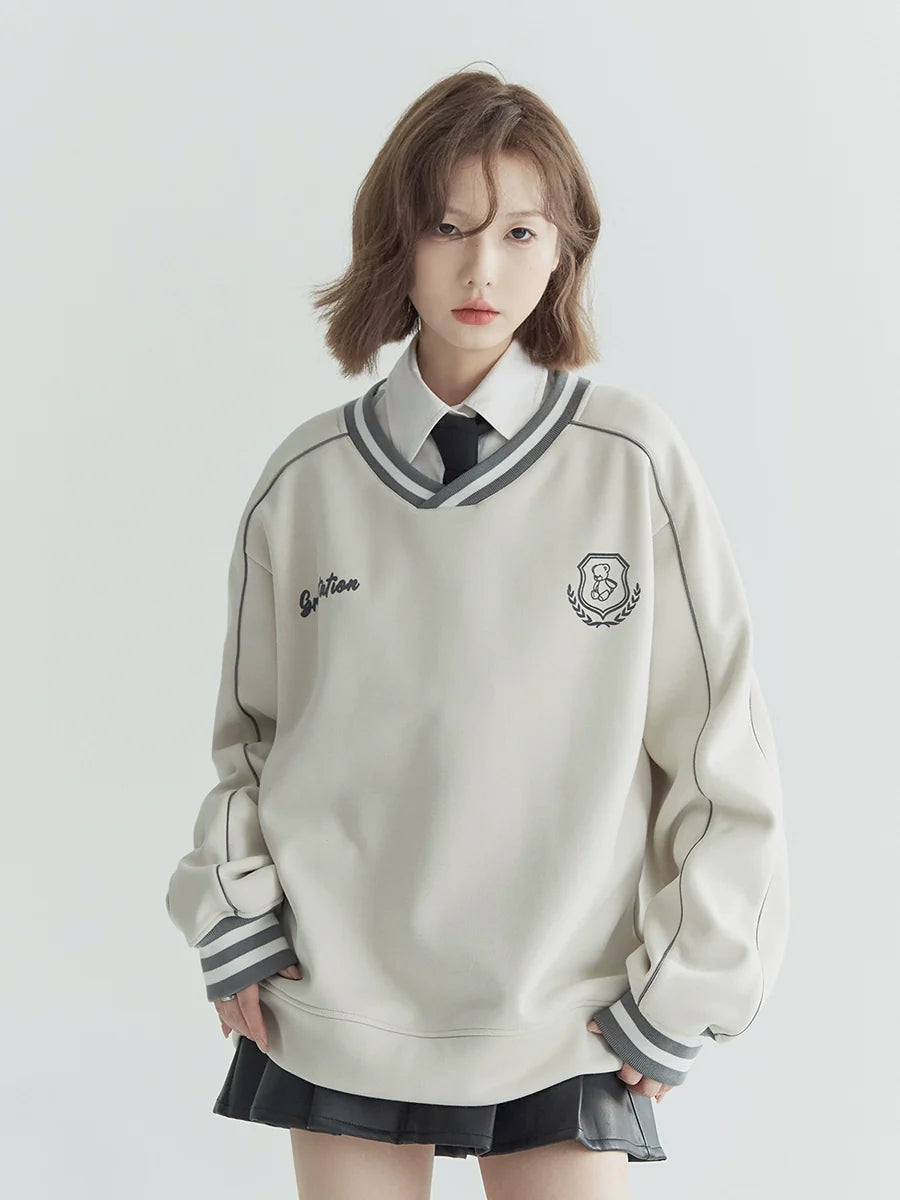 Vネック カジュアルトップス フロック加工 ルーズ スポーティ