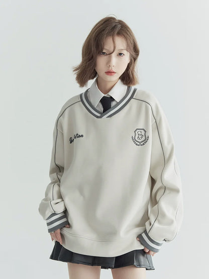 Vネック カジュアルトップス フロック加工 ルーズ スポーティ