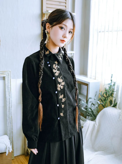 リーフレトロ刺繍シャツチャイナコーデュロイ