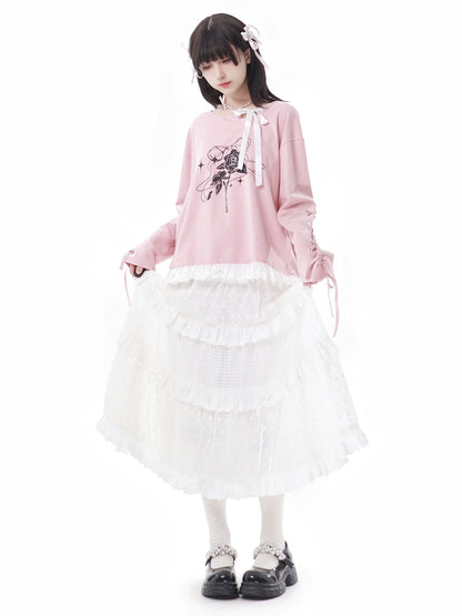 レーストップ、ホワイト、ガーリーフラワースカートセットデザイン、ピンク