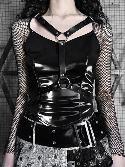 Mesh Top Punk Slim Gothic Wing PU Sheer Liquid
