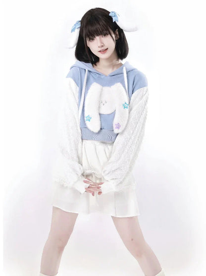 Sleeve Knit Hoodie Short White Little Dog 3D