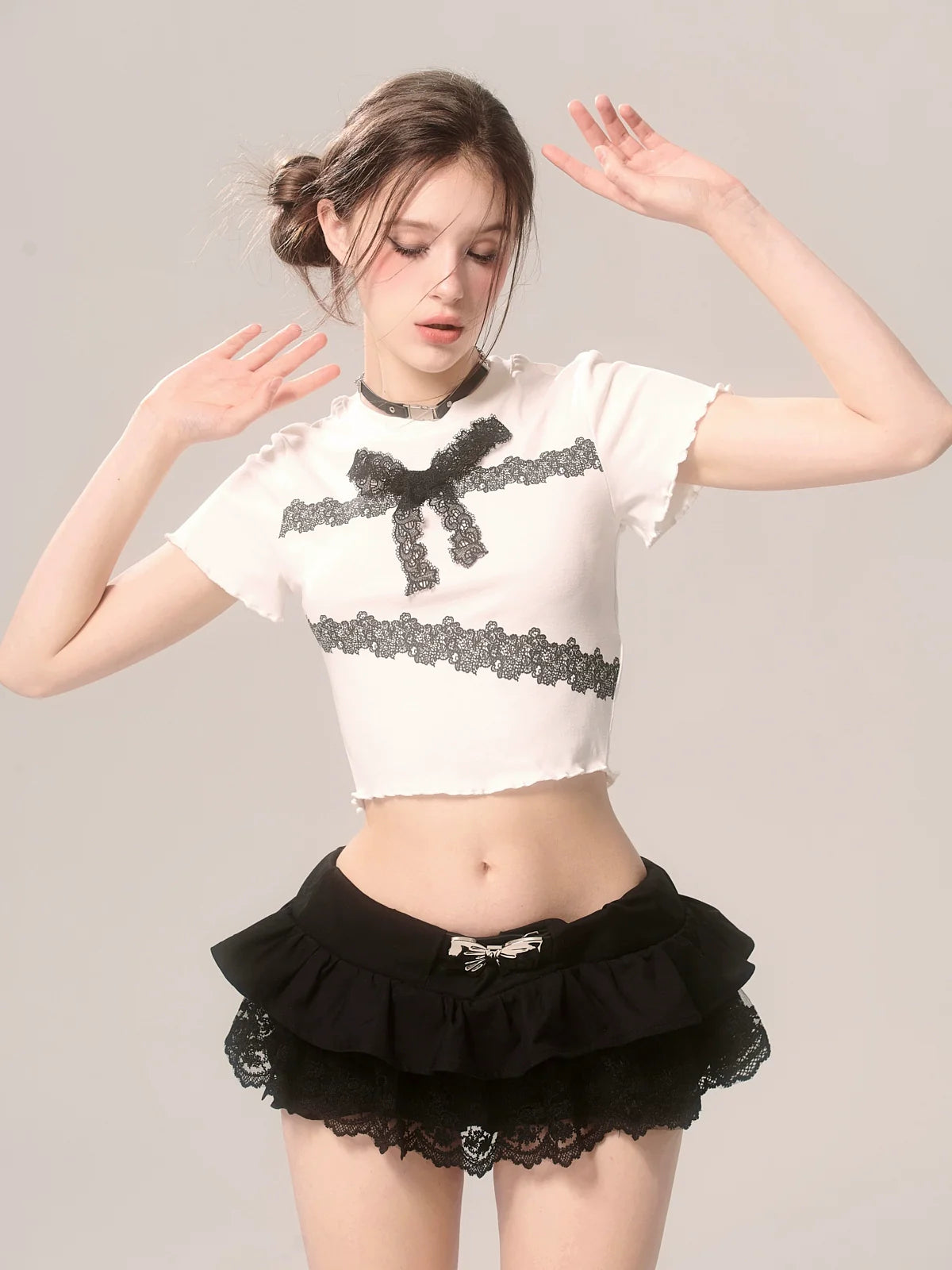 スリムレースTシャツ フリル ショートリボン