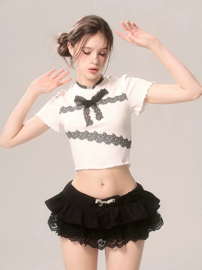 スリムレースTシャツ フリル ショートリボン