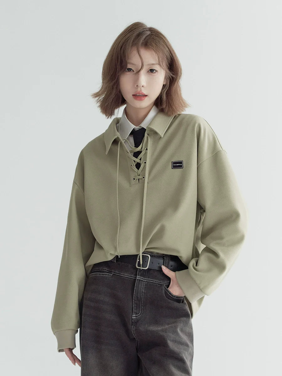 レースアップネックルーズトップポロ