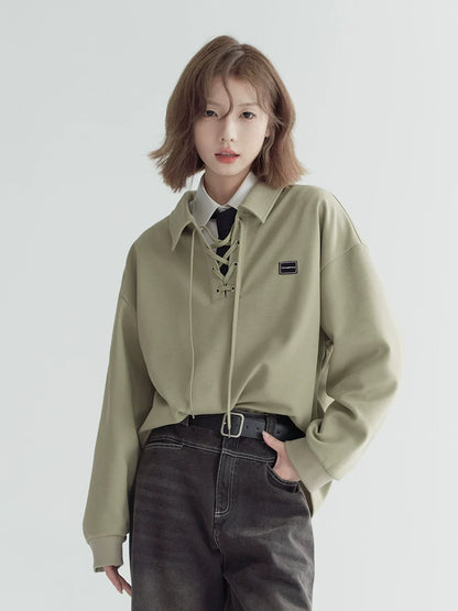 レースアップネックルーズトップポロ