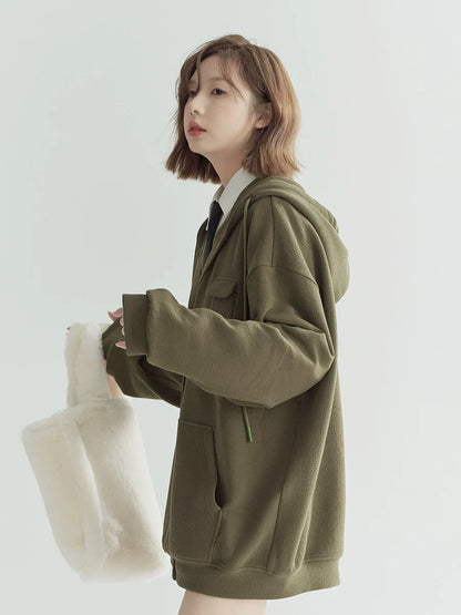 Pocket Hooded Hoodie Loose Casual Zip-Up