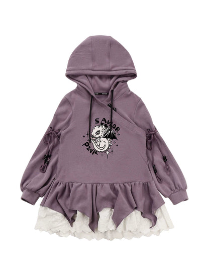 Purple Air Dragon Embroy Dary Plash Jacket + Hood Print Sweat Dress