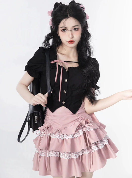 スリーブ+スカートケーキスクエアレーストップフリルネックパフ