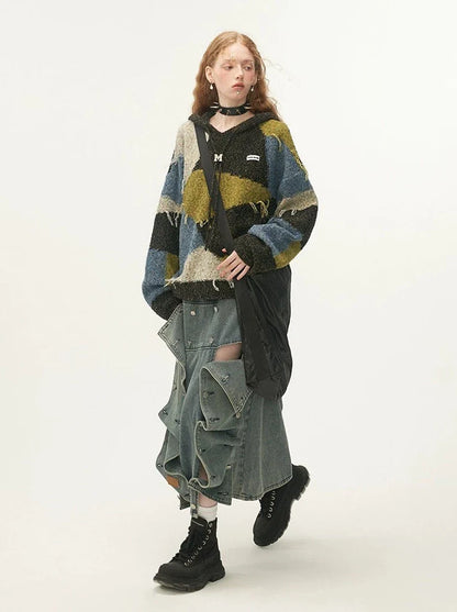 フード付きカラーレトロブロックニット