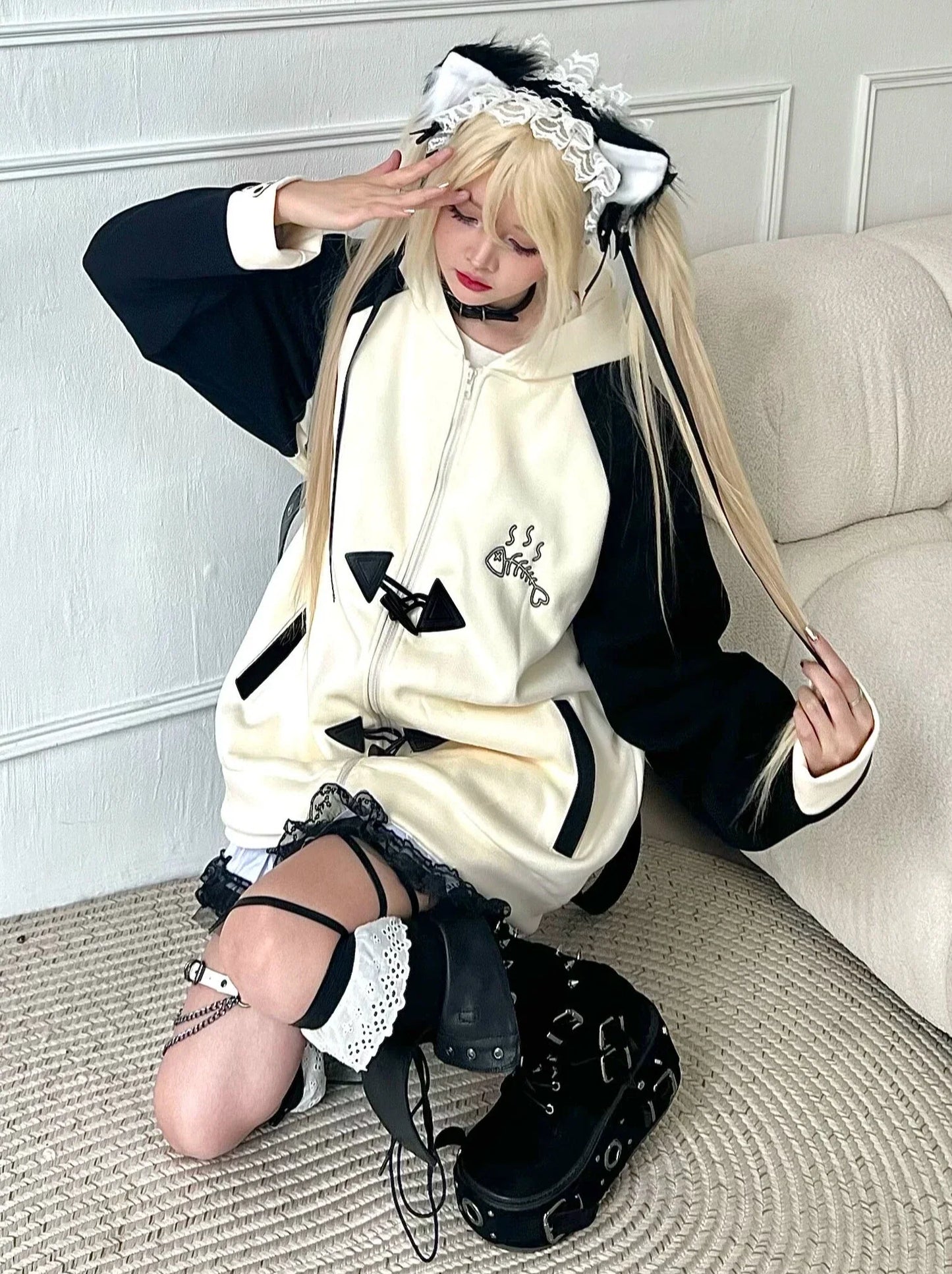 Collar Hood Hoodie Contrast Button Cat Ear Zip Horn