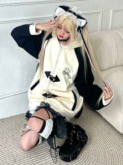 Collar Hood Hoodie Contrast Button Cat Ear Zip Horn