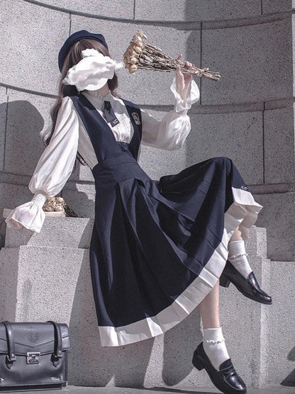 Kleid Emblem + Krawatte + Bluse + Rüsche Retro College Baskenmütze Cyan Stil Elegant Chiffon