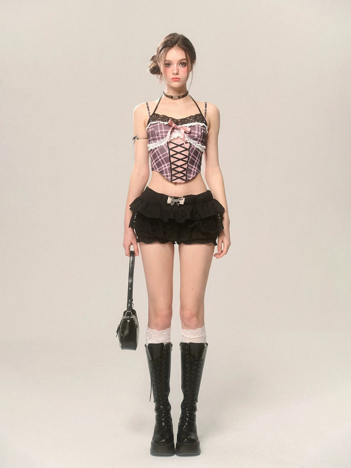 Spicy French Halter Strap Top Lace Cami Check Sweet