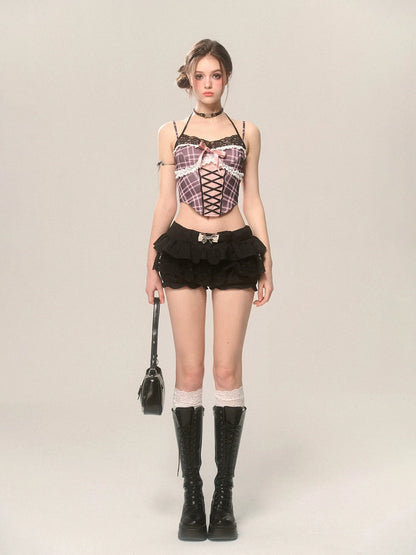 Spicy French Halter Strap Top Lace Cami Check Sweet