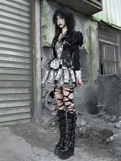 PUサスペンダーパンクホルターネックメッシュメタリックオフショルダーチュール+トップドレスシアー