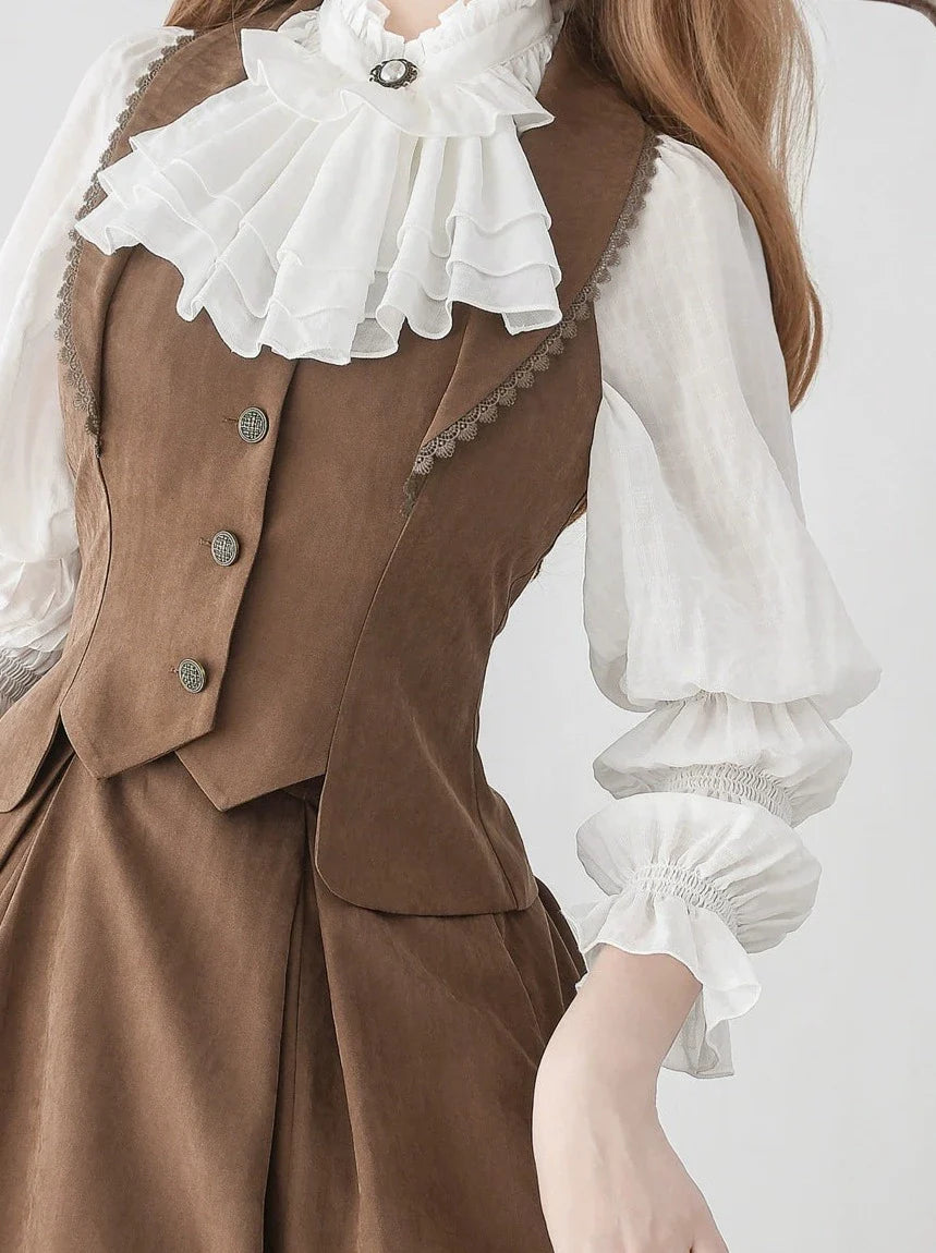 Vest Retro Colored Classical + Long Flared Blouse Skirt