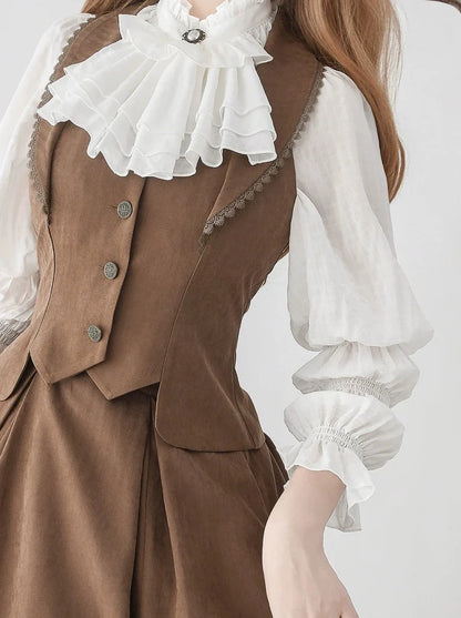 Vest Retro Colored Classical + Long Flared Blouse Skirt