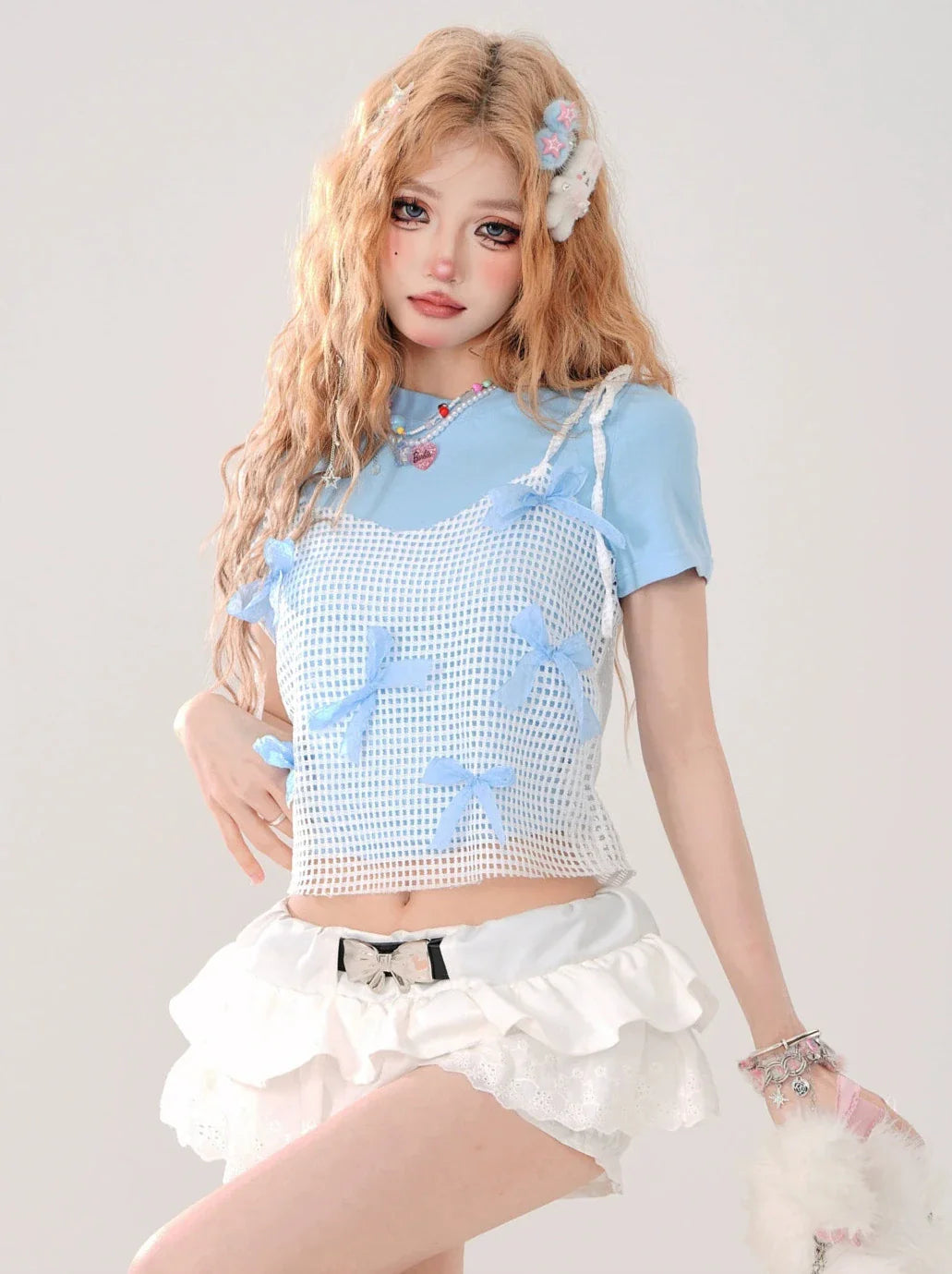 T-Shirt Zweiteiler Mesh Faux Short Ribbon Blau