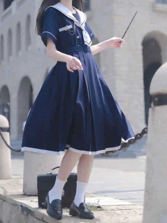 Pleated Style Dress Sailor Collar College