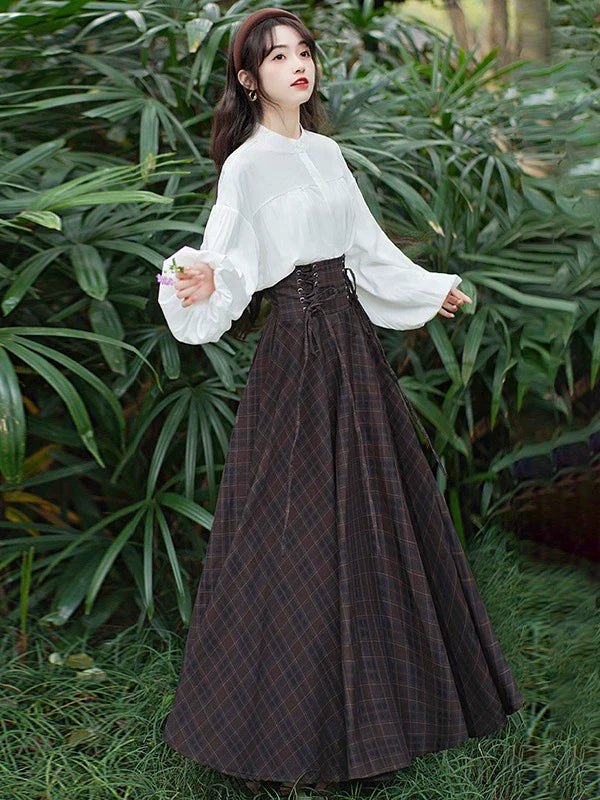 ピュア+スカート ホワイト レースアップ チャックブラウス