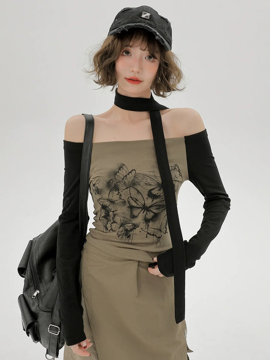 Top Slim One-line Scarf Off-the-shoulder Print Butterfly