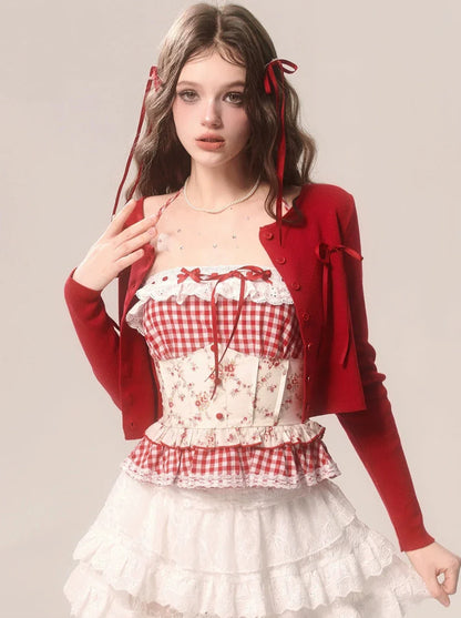 Erdbeer-Top, Neckholder, Kuchen-Hosenträger, kariert, Spitze