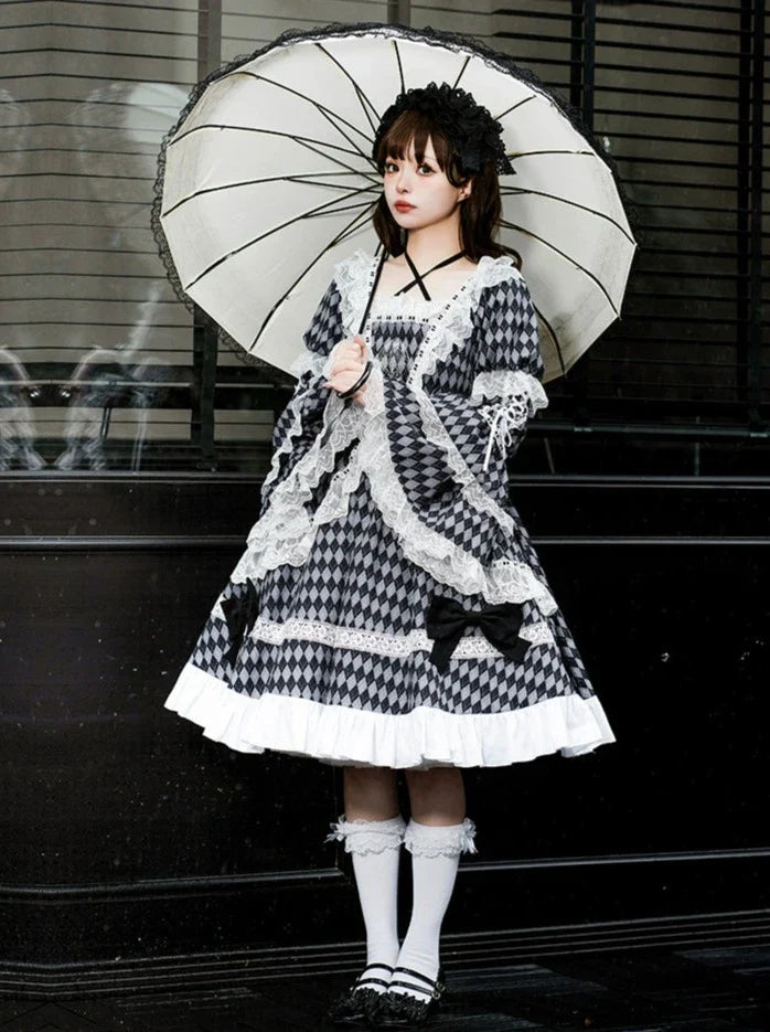 大きなチェックのロリータリボンドレス
