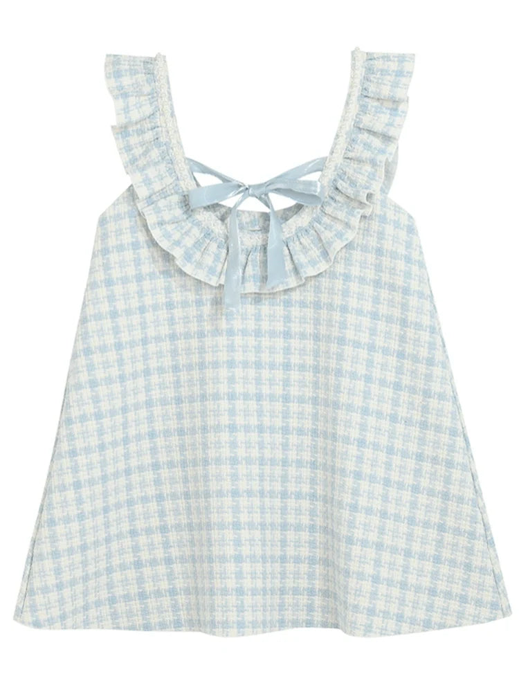 フリルショルダードレス Aライン チェックツイード